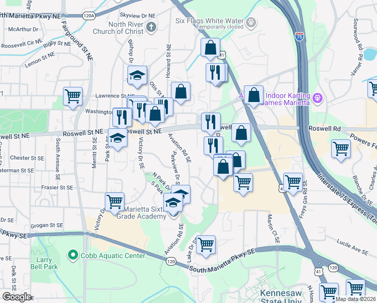 map of restaurants, bars, coffee shops, grocery stores, and more near 113 Aviation Road Southeast in Marietta