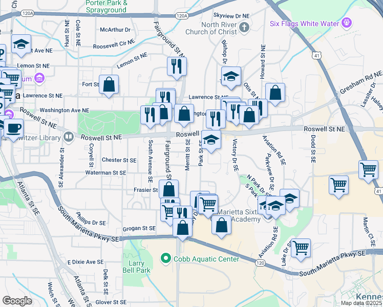 map of restaurants, bars, coffee shops, grocery stores, and more near 99 Merritt Street Southeast in Marietta