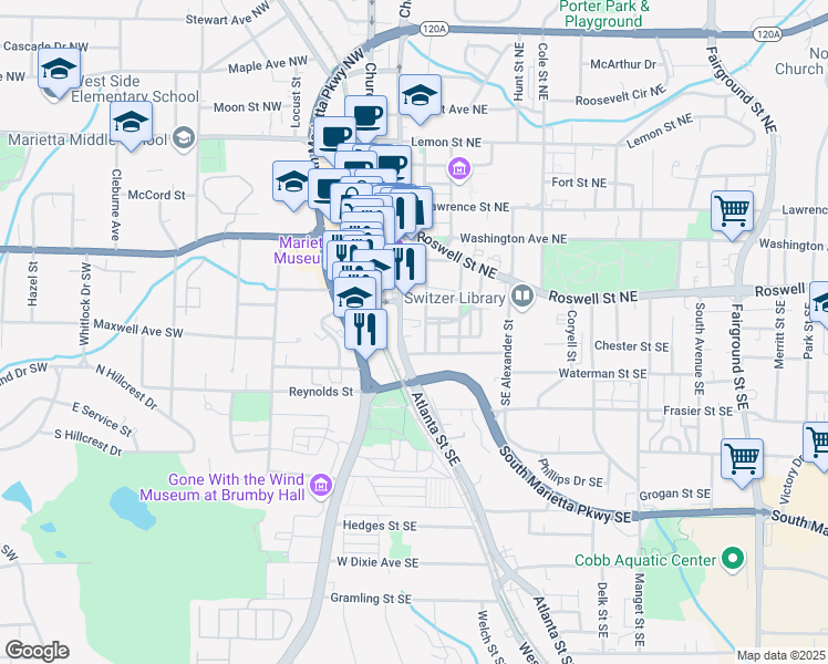 map of restaurants, bars, coffee shops, grocery stores, and more near 127 Atlanta Street Southeast in Marietta