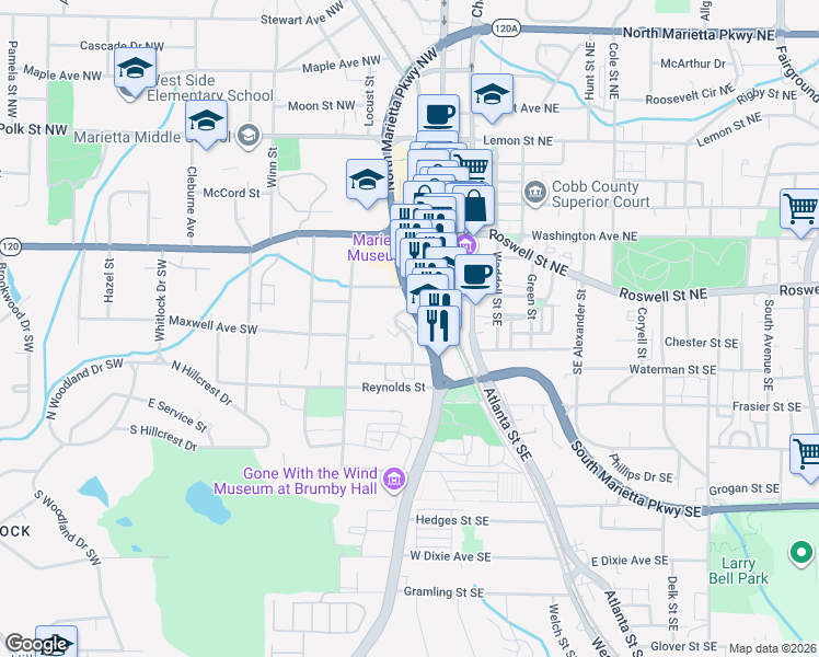 map of restaurants, bars, coffee shops, grocery stores, and more near in Marietta