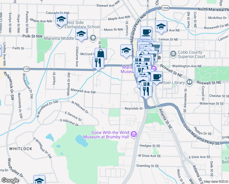 map of restaurants, bars, coffee shops, grocery stores, and more near 99 McDonald Street Southwest in Marietta