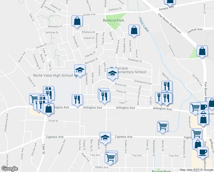 map of restaurants, bars, coffee shops, grocery stores, and more near 9001 Penny Drive in Riverside