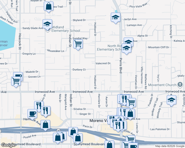 map of restaurants, bars, coffee shops, grocery stores, and more near 11835 Hubbard Street in Moreno Valley