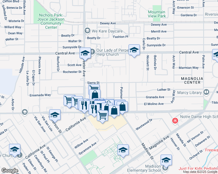 map of restaurants, bars, coffee shops, grocery stores, and more near 6824 Capistrano Way in Riverside