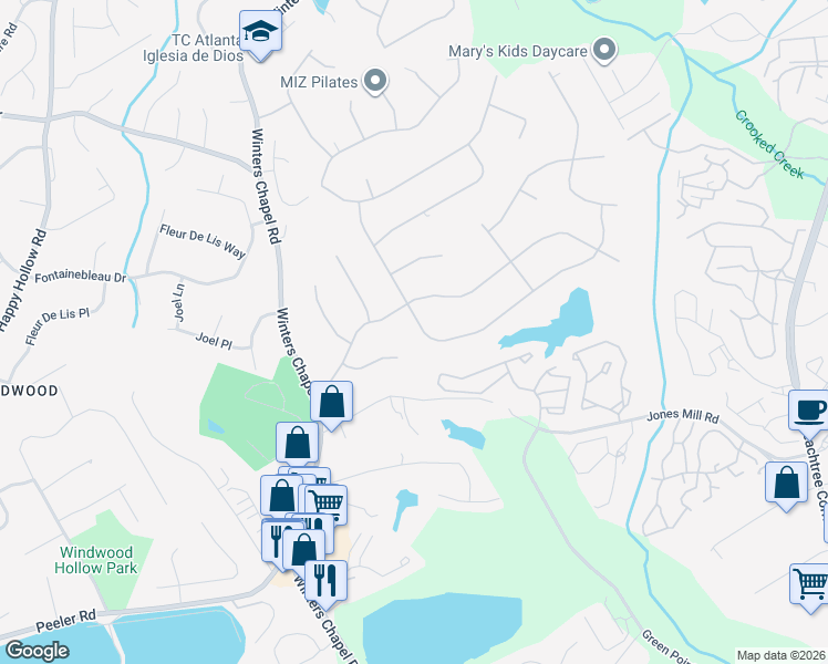 map of restaurants, bars, coffee shops, grocery stores, and more near 6888 Lockridge Drive Northwest in Atlanta