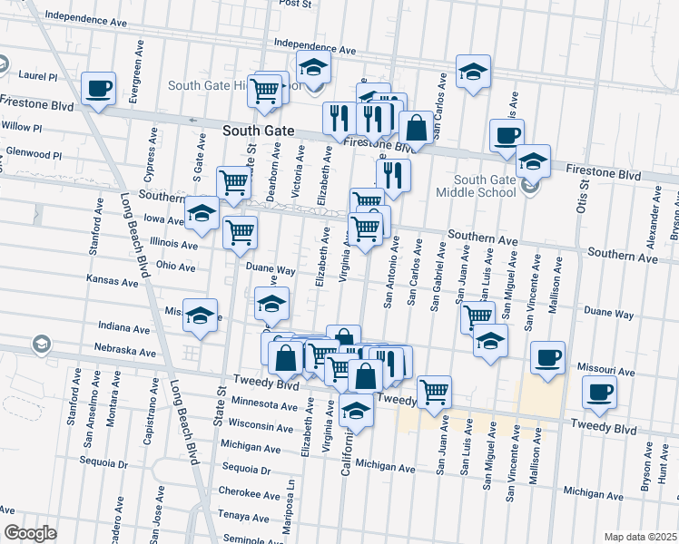 map of restaurants, bars, coffee shops, grocery stores, and more near 9400 Virginia Avenue in South Gate