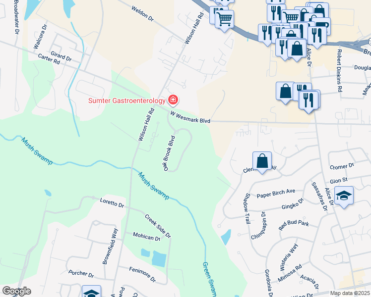 map of restaurants, bars, coffee shops, grocery stores, and more near 810 Oak Brook Boulevard in Sumter