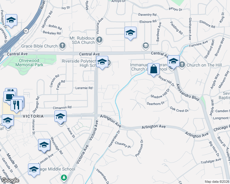 map of restaurants, bars, coffee shops, grocery stores, and more near 2522 Laramie Road in Riverside