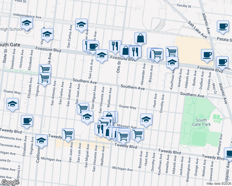 map of restaurants, bars, coffee shops, grocery stores, and more near 9235 Otis Street in South Gate