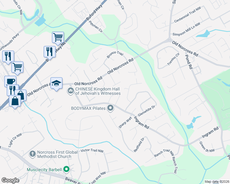 map of restaurants, bars, coffee shops, grocery stores, and more near 4925 Clara Mae Walk in Duluth
