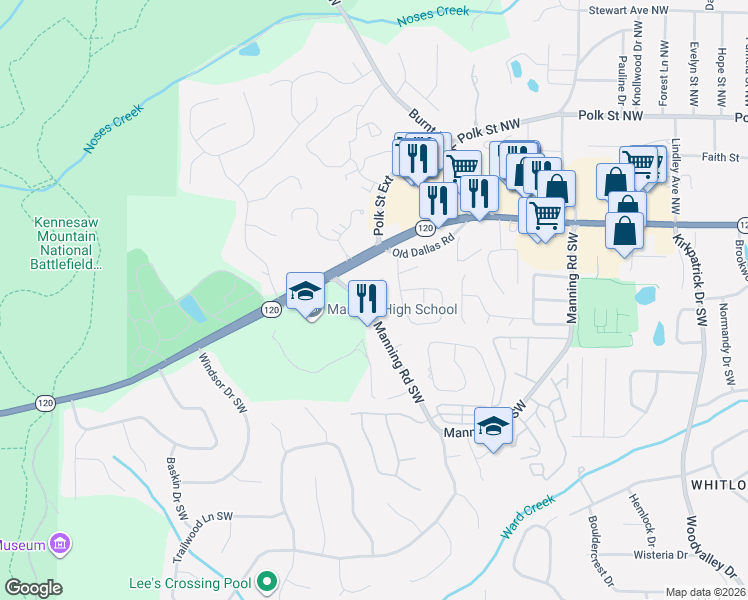 map of restaurants, bars, coffee shops, grocery stores, and more near 152 Brighton Court Southwest in Marietta