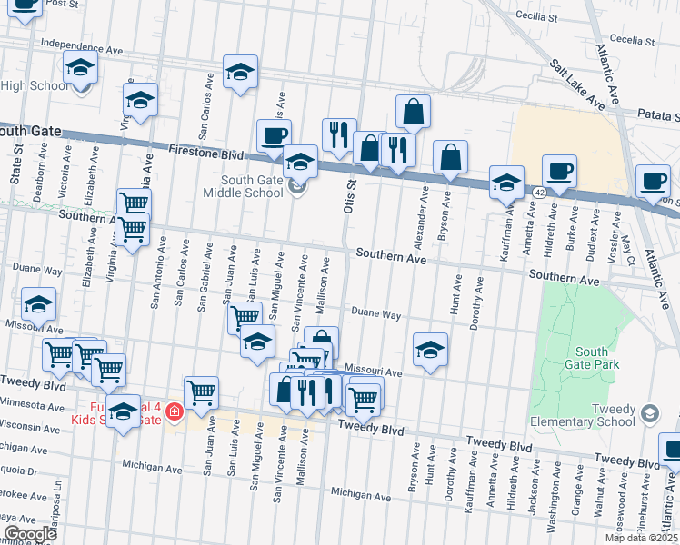map of restaurants, bars, coffee shops, grocery stores, and more near 9235 Otis Street in South Gate