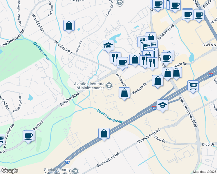map of restaurants, bars, coffee shops, grocery stores, and more near 1907 Satellite Pointe in Duluth