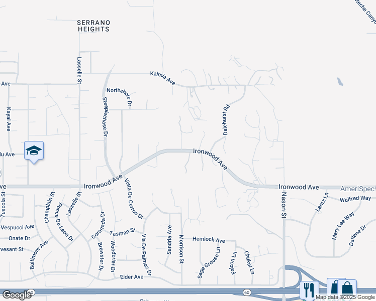 map of restaurants, bars, coffee shops, grocery stores, and more near 26548 Ironwood Avenue in Moreno Valley