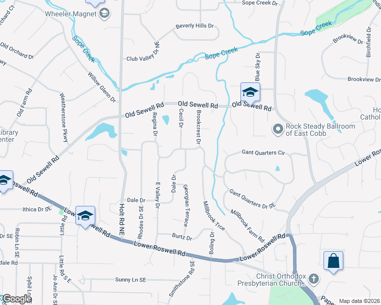 map of restaurants, bars, coffee shops, grocery stores, and more near 7 Rhodes Drive Southeast in Marietta