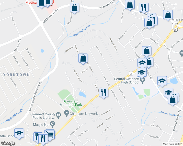 map of restaurants, bars, coffee shops, grocery stores, and more near 751 Candler Court in Lawrenceville