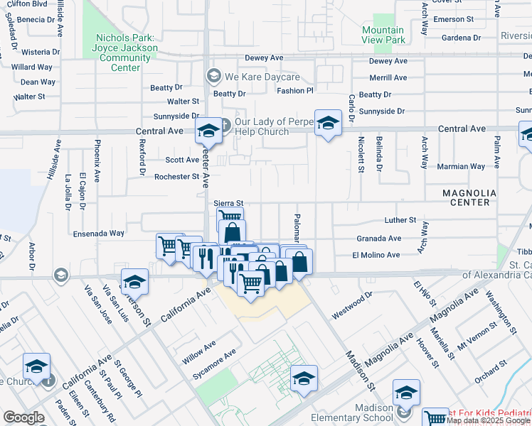 map of restaurants, bars, coffee shops, grocery stores, and more near 6824 Capistrano Way in Riverside
