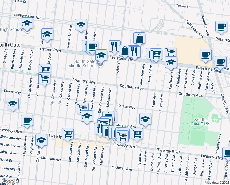map of restaurants, bars, coffee shops, grocery stores, and more near 9235 Otis Street in South Gate