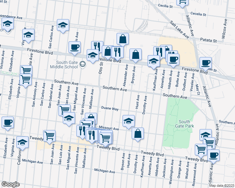 map of restaurants, bars, coffee shops, grocery stores, and more near 9211 Alexander Avenue in South Gate