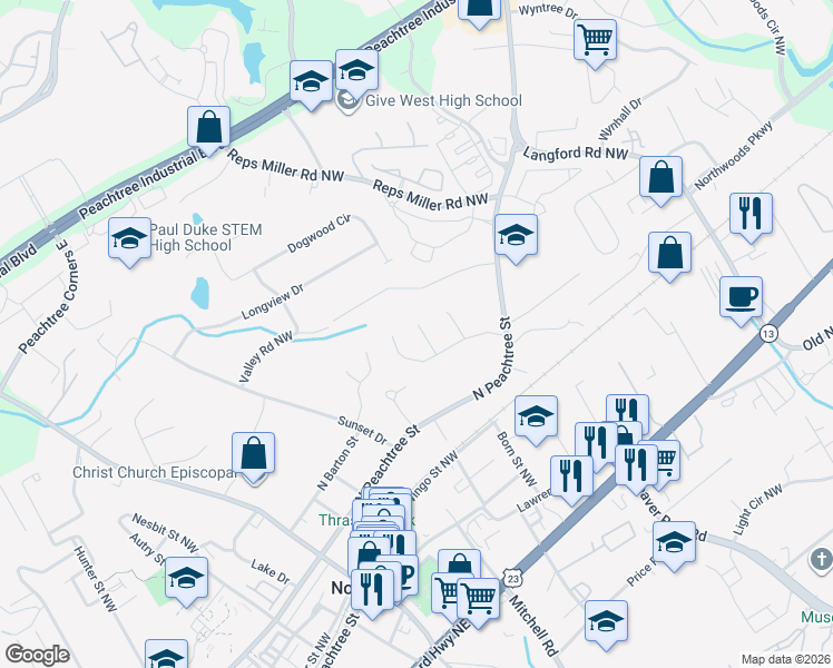 map of restaurants, bars, coffee shops, grocery stores, and more near 441 Moore Ln in Norcross