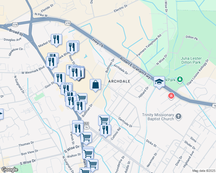 map of restaurants, bars, coffee shops, grocery stores, and more near 287 Rast Street in Sumter