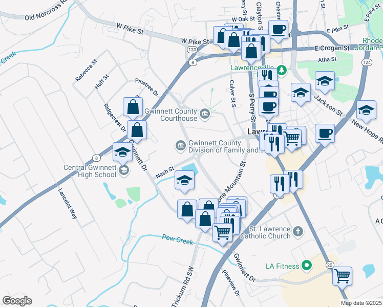 map of restaurants, bars, coffee shops, grocery stores, and more near 95 Constitution Boulevard in Lawrenceville