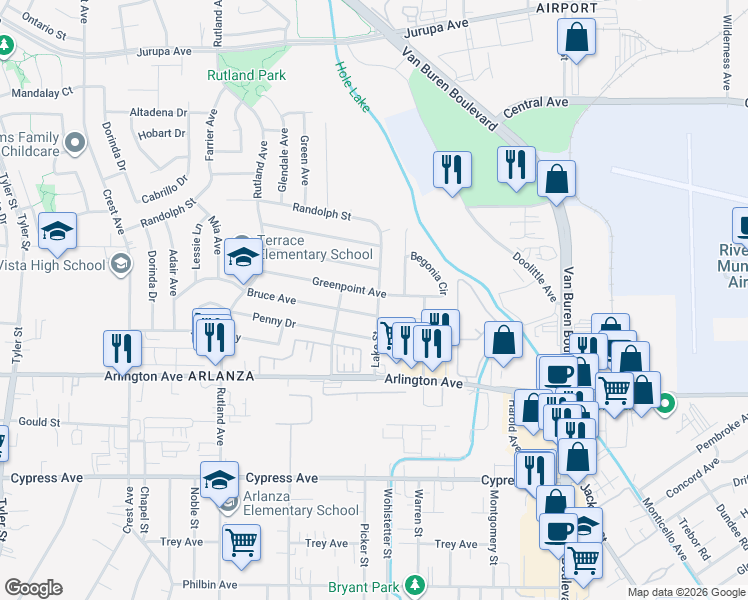 map of restaurants, bars, coffee shops, grocery stores, and more near 8326 Greenpoint Avenue in Riverside