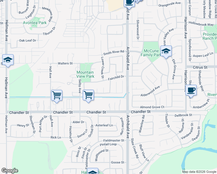 map of restaurants, bars, coffee shops, grocery stores, and more near 7647 Potter Valley Drive in Corona