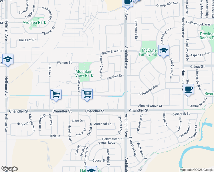 map of restaurants, bars, coffee shops, grocery stores, and more near 7634 Potter Valley Drive in Corona