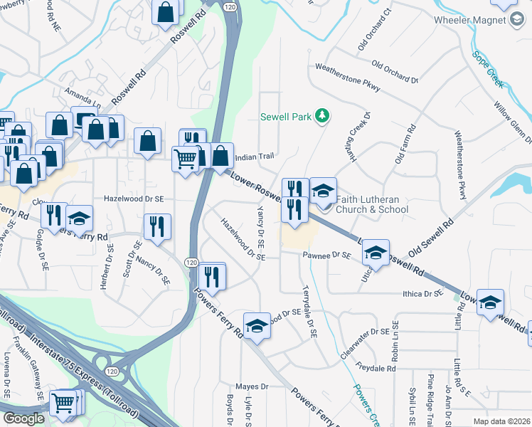 map of restaurants, bars, coffee shops, grocery stores, and more near 101 Yancy Drive Southeast in Marietta