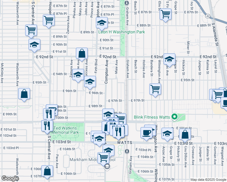 map of restaurants, bars, coffee shops, grocery stores, and more near 9548 Defiance Avenue in Los Angeles