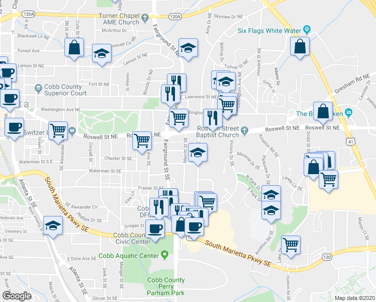 map of restaurants, bars, coffee shops, grocery stores, and more near 99 Merritt Street Southeast in Marietta