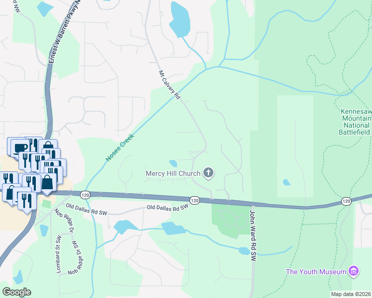 map of restaurants, bars, coffee shops, grocery stores, and more near 186 Mount Calvary Road in Marietta