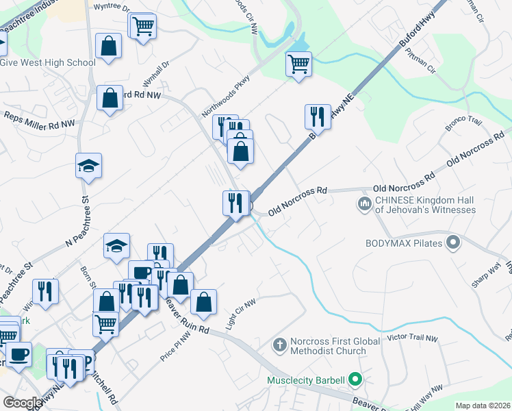 map of restaurants, bars, coffee shops, grocery stores, and more near 5266 Buford Highway in Norcross