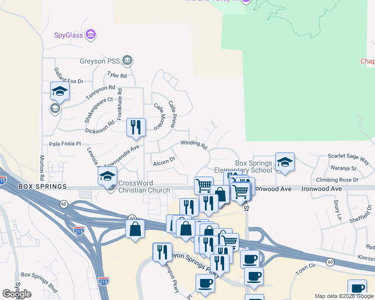 map of restaurants, bars, coffee shops, grocery stores, and more near 21725 Winding Road in Moreno Valley