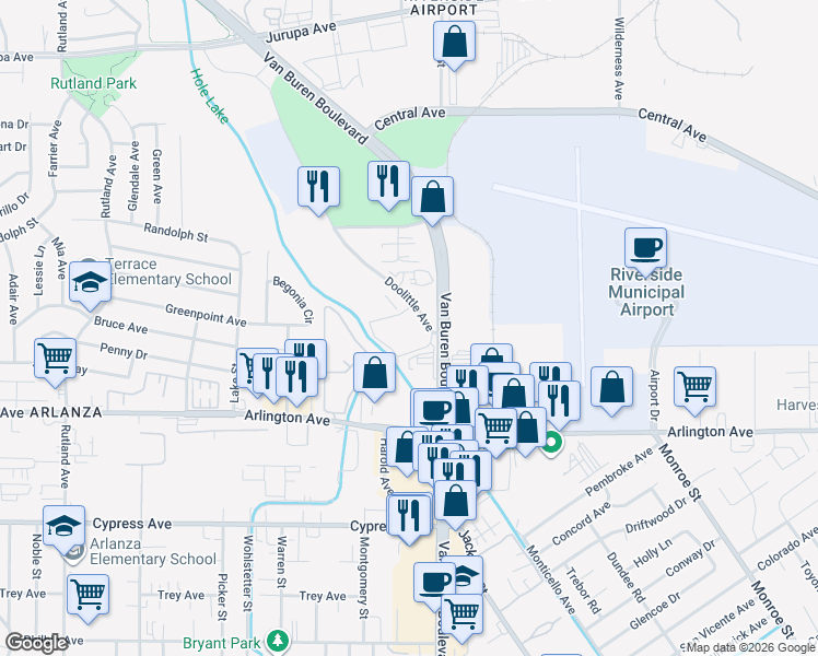 map of restaurants, bars, coffee shops, grocery stores, and more near 6506 Doolittle Avenue in Riverside