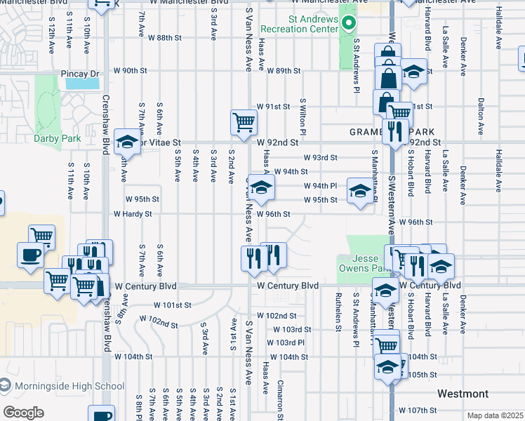 map of restaurants, bars, coffee shops, grocery stores, and more near 9521 Haas Avenue in Los Angeles