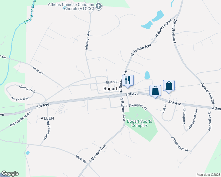 map of restaurants, bars, coffee shops, grocery stores, and more near in Bogart