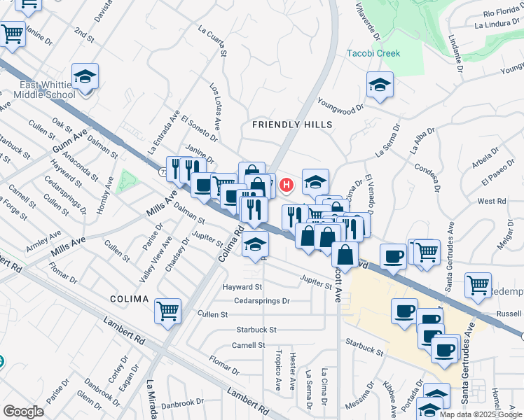 map of restaurants, bars, coffee shops, grocery stores, and more near 9210 Colima Road in Whittier
