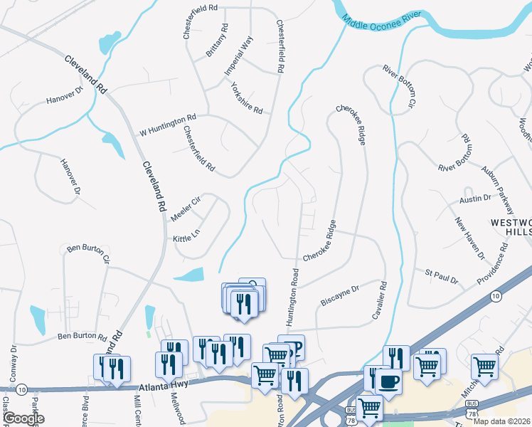 map of restaurants, bars, coffee shops, grocery stores, and more near 201 Mountain Laurel Run in Athens