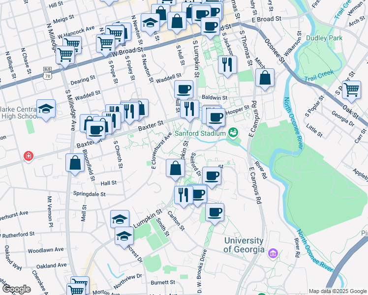 map of restaurants, bars, coffee shops, grocery stores, and more near 818 South Lumpkin Street in Athens