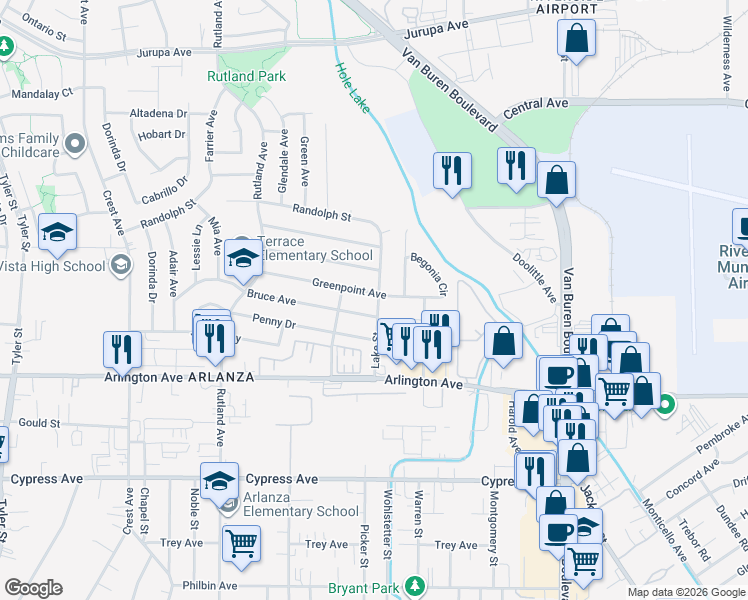 map of restaurants, bars, coffee shops, grocery stores, and more near 8326 Greenpoint Avenue in Riverside