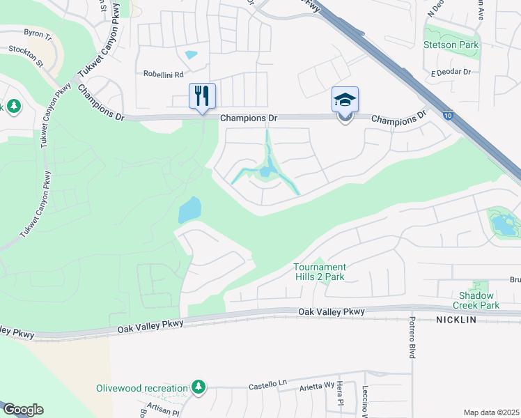 map of restaurants, bars, coffee shops, grocery stores, and more near 36301 Bay Hill Drive in Beaumont