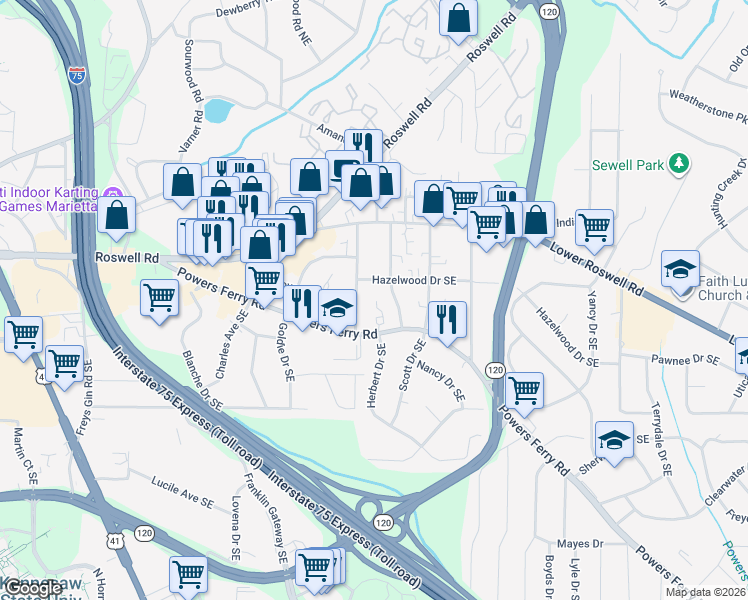 map of restaurants, bars, coffee shops, grocery stores, and more near 264 Shaded Oaks Lane Southeast in Marietta