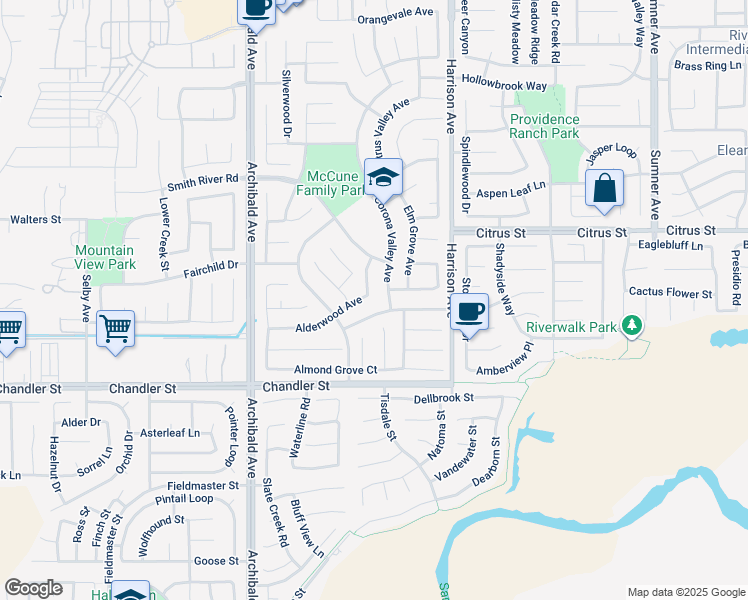 map of restaurants, bars, coffee shops, grocery stores, and more near 7650 Alderwood Avenue in Corona