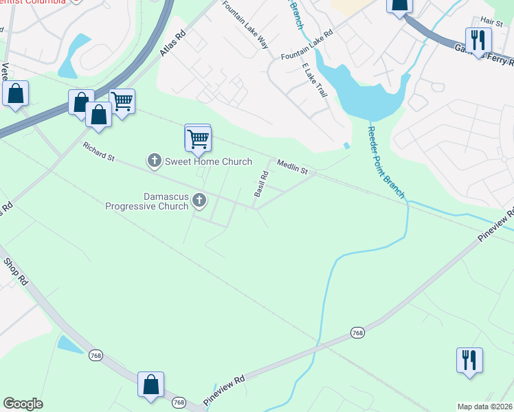 map of restaurants, bars, coffee shops, grocery stores, and more near 8009 Richard Street in Columbia
