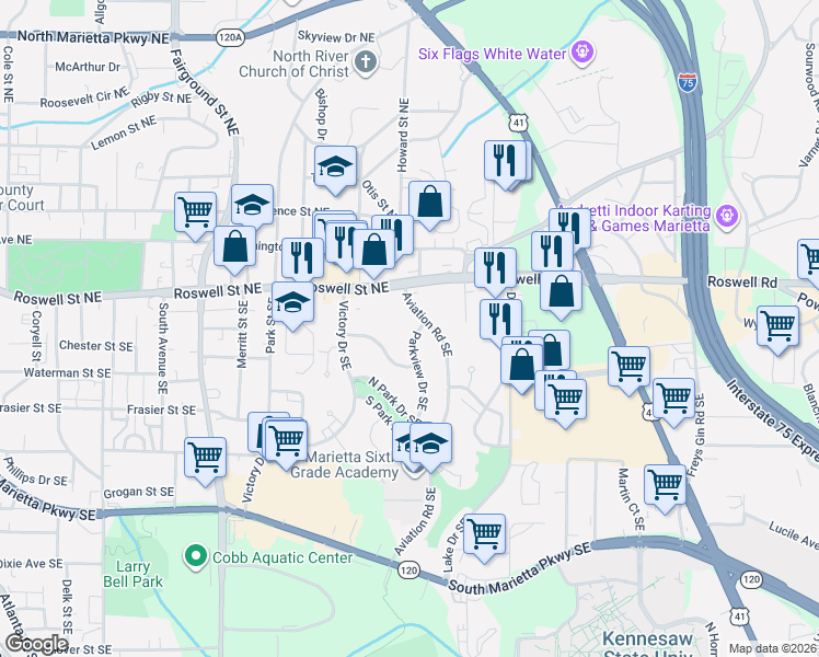 map of restaurants, bars, coffee shops, grocery stores, and more near 96 Parkview Drive Southeast in Marietta