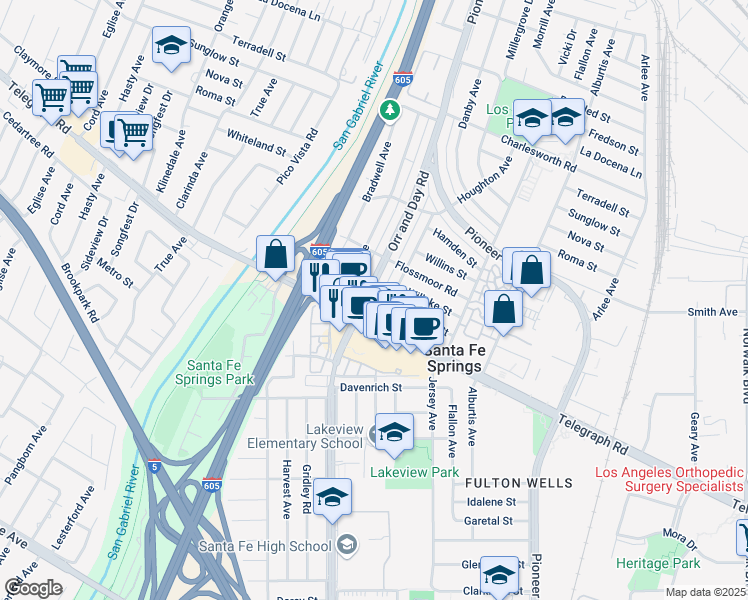 map of restaurants, bars, coffee shops, grocery stores, and more near 9852 Orr and Day Road in Santa Fe Springs
