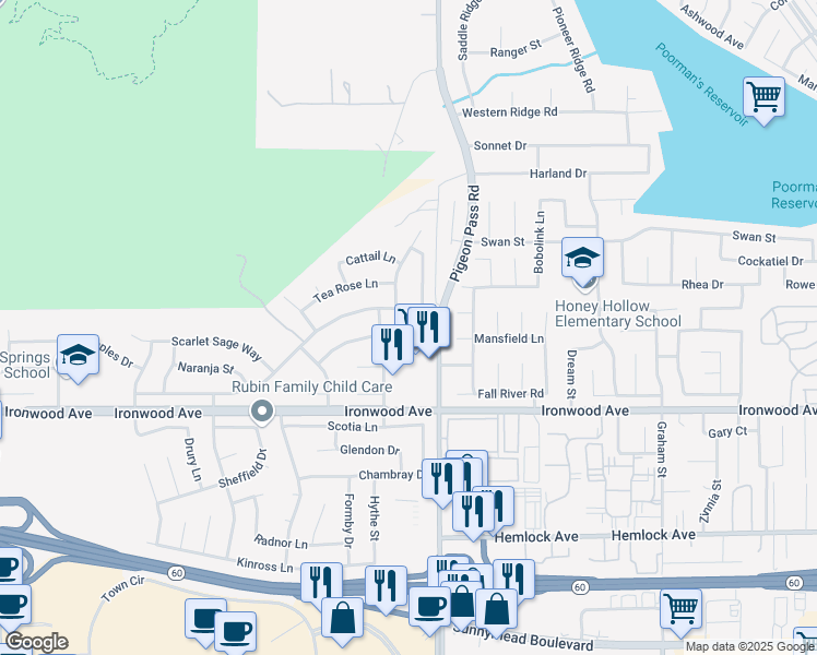 map of restaurants, bars, coffee shops, grocery stores, and more near 22985 Climbing Rose Drive in Moreno Valley