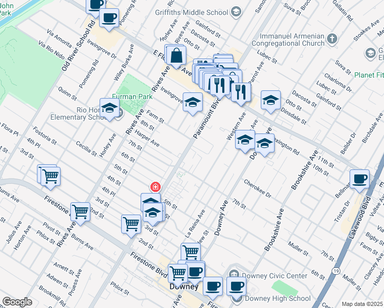 map of restaurants, bars, coffee shops, grocery stores, and more near 10520 Paramount Boulevard in Downey